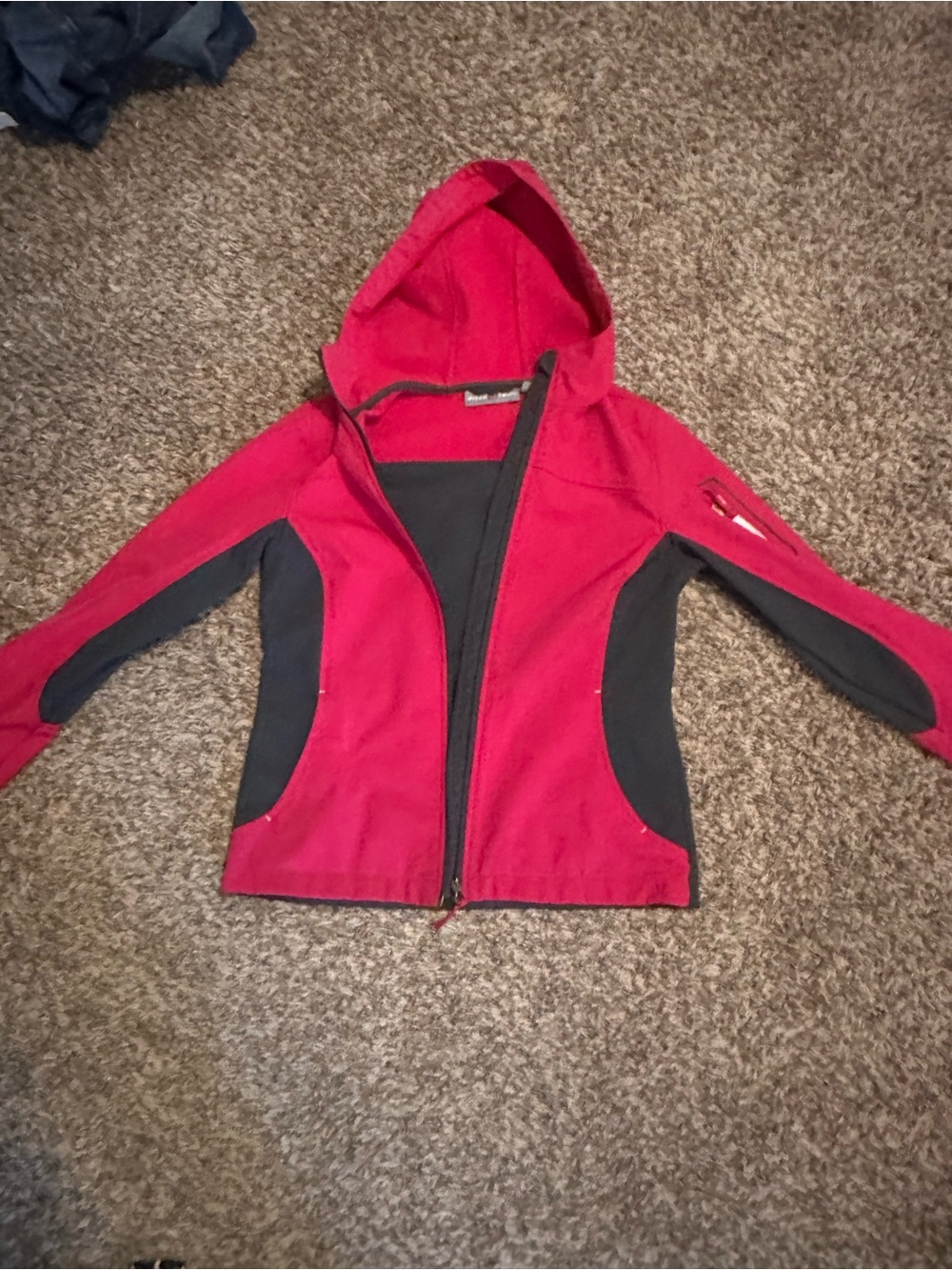 Women’s Red Hooded Raincoat with Black Panels